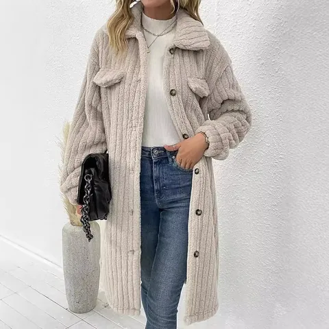 Chaqueta de Felpa con Solapa para Mujer Informal Manga Larga Color Sólido Cálido Abrigo Abotonado Con Bolsillos Invierno