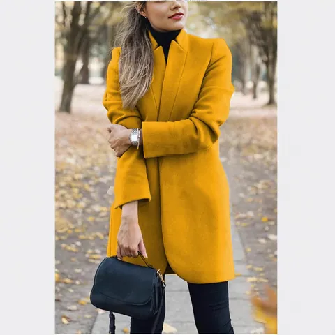 Dames Mode Staande Kraag Wollen Jas Effen Kleur Halflang Open Voorkant Elegant Herfst Winter Slanke Pasvorm Polyester Jas