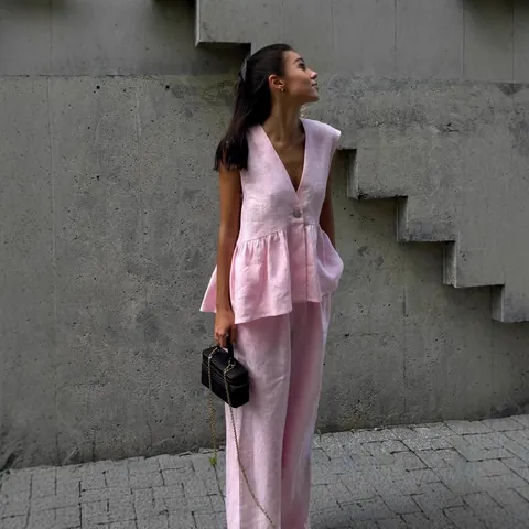 Women Elegant V Neck Sleeveless Vest And Wide Leg Pants Two Piece Set Solid Color Cotton Casual Commuter Suit For Office Lady
