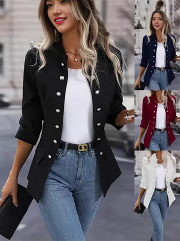 Women's Fashion Stand Collar Double Breasted Polyester Jacket Solid Color Commuter Blazer Outerwear Casual Coat Top