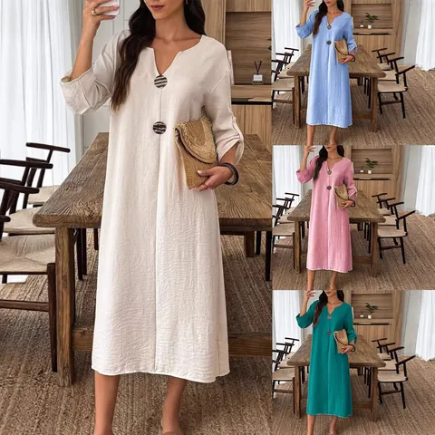 Women V Neck Long Sleeve Maxi Dress Casual Cotton Blend Solid Color Button Decoration Loose Fit Flowy Robe Gown For Daily