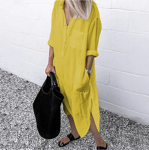 Women's Elegant Casual Cotton Blend Maxi Shirt Dress Solid Color Lapel Long Sleeve Single Breasted Slit Dress With Pockets