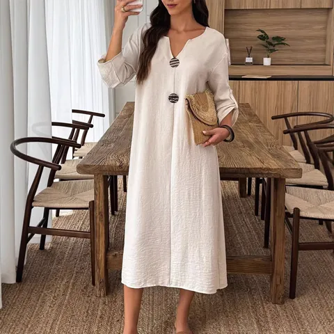 Women V Neck Long Sleeve Maxi Dress Casual Cotton Blend Solid Color Button Decoration Loose Fit Flowy Robe Gown For Daily