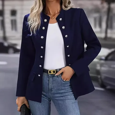 Women Fashion Winter Stand Collar Double Breasted Cardigan Jacket Casual Slim Fit Long Sleeve Office Commuter Blazer Top