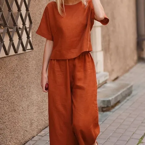 Women's Casual Plus Size Cotton Linen Two Piece Set Loose Round Neck Shirt Wide Leg Pants Solid Color Summer Outfits