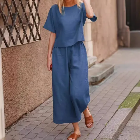 Women's Casual Plus Size Cotton Linen Two Piece Set Loose Round Neck Shirt Wide Leg Pants Solid Color Summer Outfits