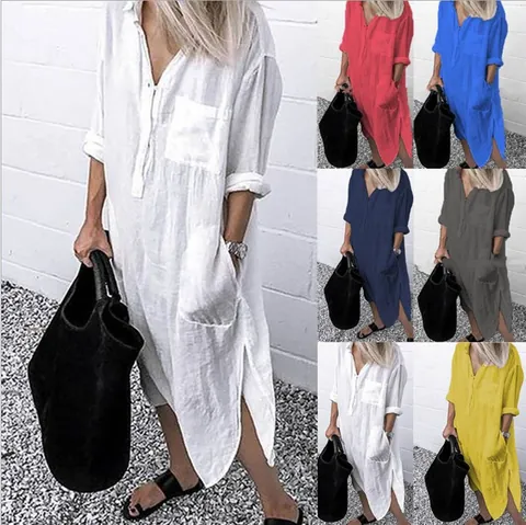 Women's Elegant Casual Cotton Blend Maxi Shirt Dress Solid Color Lapel Long Sleeve Single Breasted Slit Dress With Pockets
