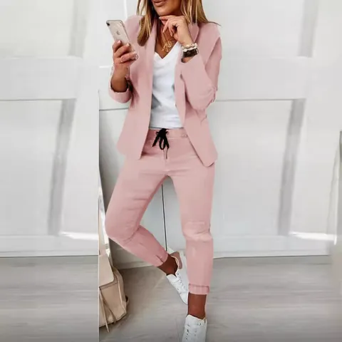 Damen Mode Lässiges Blazer Anzug Set Elegantes Einfarbiges Revers Langarm Oberteil Und Hose Set Für Büro Alltag