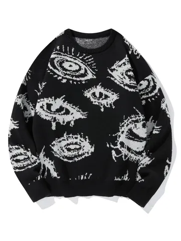 Herren Dark Style Augenmuster Jacquard Pullover European Street Oversized Strickwaren Lose Lazy Crew Neck Dicker Winter Top