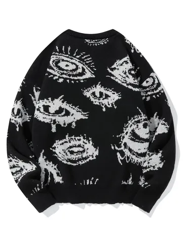Herren Dark Style Augenmuster Jacquard Pullover European Street Oversized Strickwaren Lose Lazy Crew Neck Dicker Winter Top