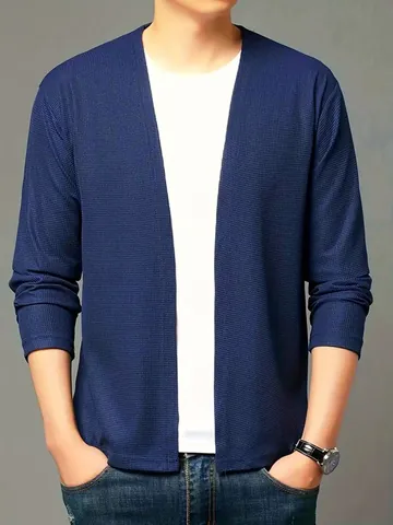 Men's Casual Open Front Knit Cardigan Sweater Waffle Texture Solid Color Long Sleeve Lightweight Outerwear Top For Spring Autumn