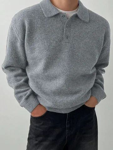 Men's Polo Collar Sweater Fall Winter Casual Acrylic Blend Knit Pullover Thick Thermal Top Long Sleeve Sweater