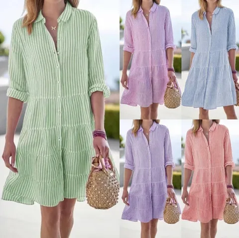 Women Striped Shirt Dress Long Sleeve Tiered Hem Button Up Casual Elegant Midi Dress Polyester Party Vacation Dress