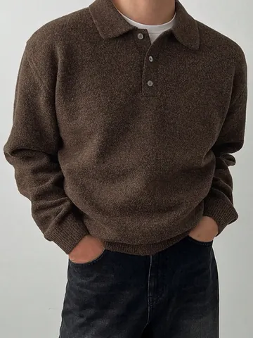 Men's Polo Collar Sweater Fall Winter Casual Acrylic Blend Knit Pullover Thick Thermal Top Long Sleeve Sweater