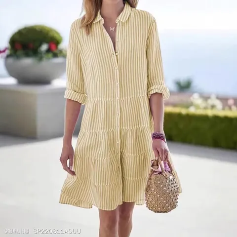 Women Striped Shirt Dress Long Sleeve Tiered Hem Button Up Casual Elegant Midi Dress Polyester Party Vacation Dress