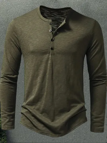 Men Casual Henley Collar Long Sleeve T-Shirt Slim Fit Slub Texture Solid Color Muscle Fit Breathable Polyester Tee Top