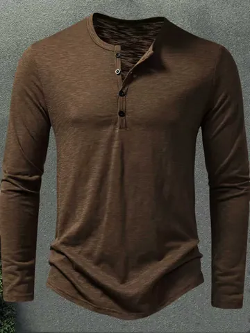 Men Casual Henley Collar Long Sleeve T-Shirt Slim Fit Slub Texture Solid Color Muscle Fit Breathable Polyester Tee Top