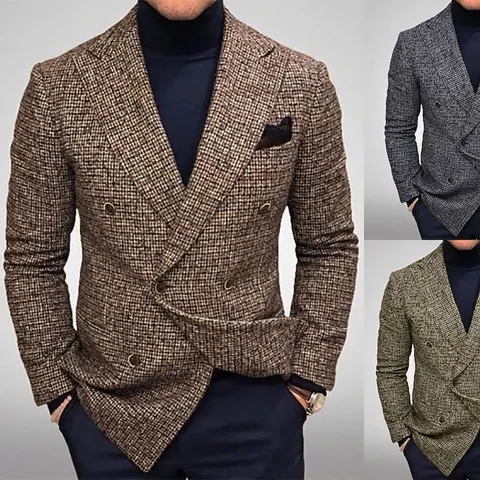 Men's Vintage British Style Plaid Blazer Slim Fit Double Breasted Suit Jacket Casual Checkered Outerwear Coat for Men