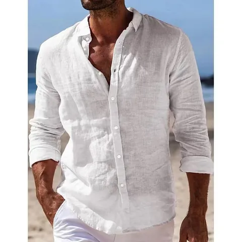 Heren Casual Puur Katoen Overhemd Lange Mouw Revers Single-breasted Button Down Strandhemd Effen Kleur Losse Pasvorm Vakantie Top
