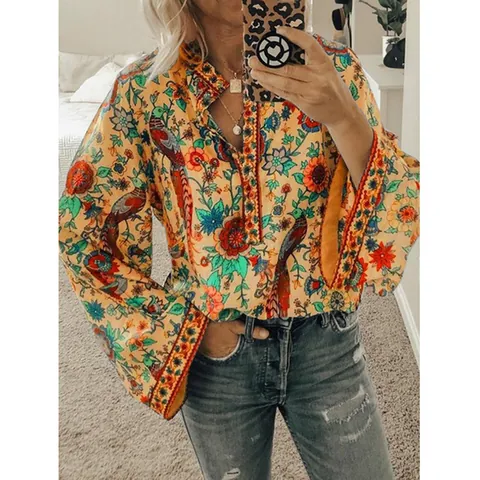 Women Bohemian Peacock Floral Print Shirt V Neck Long Sleeve Button Down Loose Chiffon Blouse Casual Ethnic Autumn Top