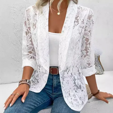 Blazer en Dentelle pour Femmes Cardigan Ajouré Motif Floral Manche Trois-Quarts Col Tailleur Couleur Unie Haut Respirant
