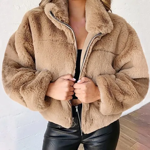 Women Faux Fur Jacket Winter Thick Polyester Plush Zip Up Coat Stand Collar Warm Loose Fit Outerwear Solid Color Long Sleeve