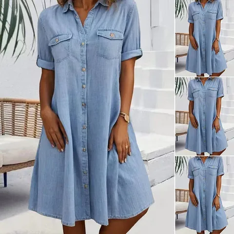 Women Casual Denim Shirt Dress Plus Size Five-Point Sleeve Button Down Midi Dress With Pockets Solid Color Polyester Tunic Dress