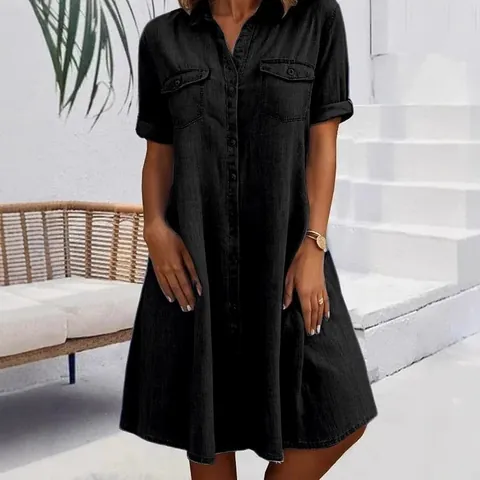 Women Casual Denim Shirt Dress Plus Size Five-Point Sleeve Button Down Midi Dress With Pockets Solid Color Polyester Tunic Dress