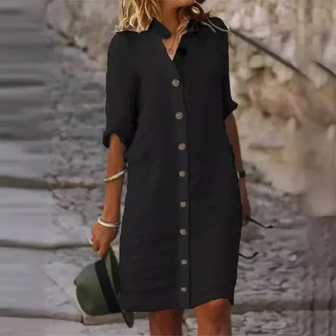 Γυναικείο Βαμβακερό Λινό Φόρεμα Casual Γιακάς Πουκαμίσου Μισό Μανίκι Χαλαρό Κουμπί Midi Φόρεμα Άλφα Μονόχρωμο Καλοκαιρινό