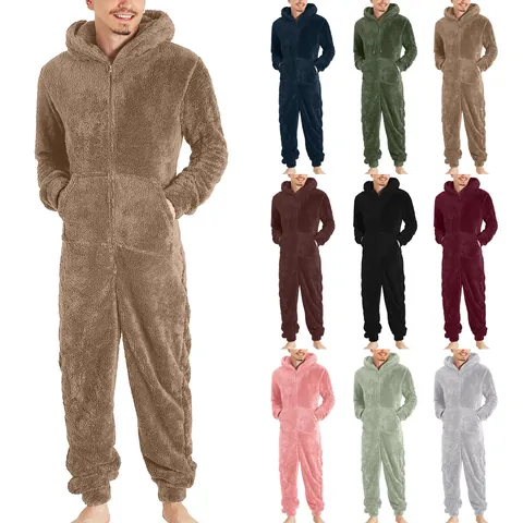 Men's Thickened Fleece Hooded Jumpsuit Pajamas Polyester One Piece Robe Warm Winter Loungewear With Front Zipper And Pockets