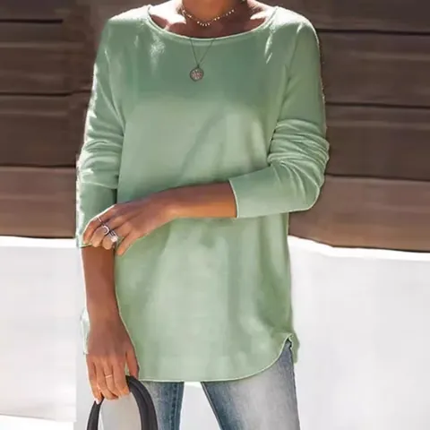 Dames Casual Ronde Hals Lange Mouw Effen Kleur Top Losse Pasvorm Ronde Zoom Polyester T-Shirt Voor Herfst Dagelijks Gebruik