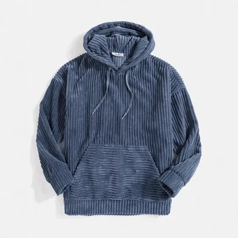 Men Corduroy Hoodie Thickened Long Sleeve Solid Color Kangaroo Pocket Drop Shoulder Casual Sporty Pullover Hooded Sweatshirt Top