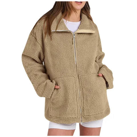 Giacca da Donna in Sherpa Fleece Oversize Collo Alto Cerniera Tinta Unita Capispalla Invernale Casual Caldo Peluche a Maniche Lunghe
