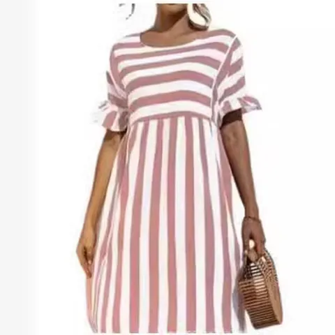 Women Striped Patchwork Midi Dress Ruffle Short Sleeve Round Neck Pocket Casual Polyester Dress Sweet Holiday Outfits