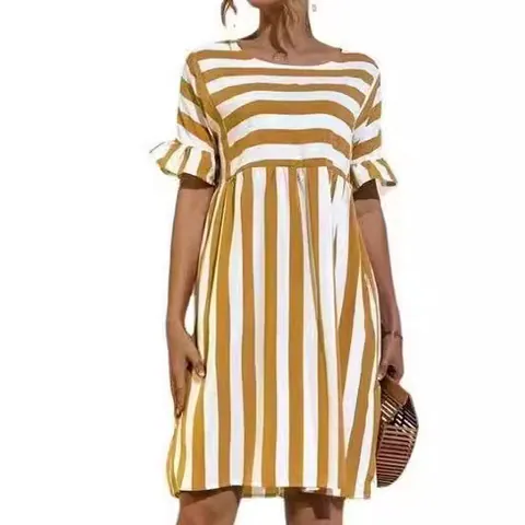 Women Striped Patchwork Midi Dress Ruffle Short Sleeve Round Neck Pocket Casual Polyester Dress Sweet Holiday Outfits