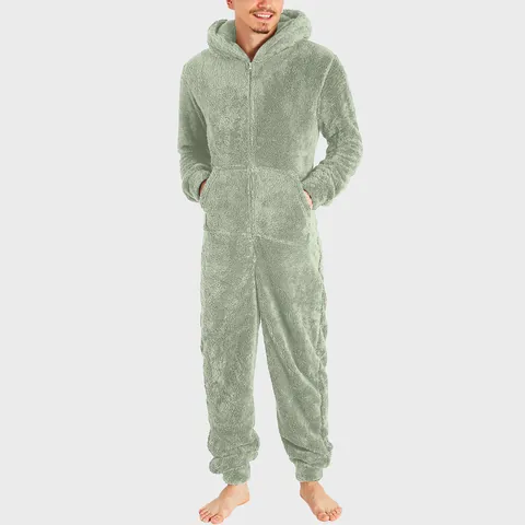 Men's Thickened Fleece Hooded Jumpsuit Pajamas Polyester One Piece Robe Warm Winter Loungewear With Front Zipper And Pockets