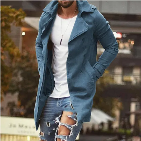 Men's Casual Mid-Length Trench Coat Slim Fit Cotton Windbreaker Jacket With Button Details For Spring Streetwear Fashion