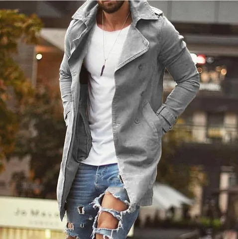 Men's Casual Mid-Length Trench Coat Slim Fit Cotton Windbreaker Jacket With Button Details For Spring Streetwear Fashion