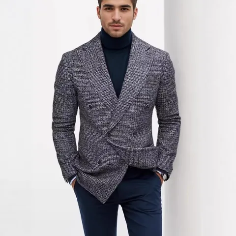 Men's Double Breasted Casual Blazer Jacket Acrylic Grid Plaid Suit Coat For Business Leisure Gentleman Style Large Size Clothing