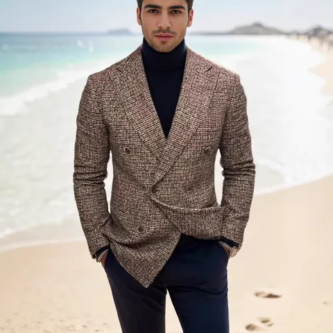 Men's Double Breasted Casual Blazer Jacket Acrylic Grid Plaid Suit Coat For Business Leisure Gentleman Style Large Size Clothing