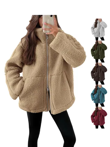 Women Sherpa Fleece Jacket High Neck Zip Up Oversized Warm Outerwear Solid Color Long Sleeve Teddy Coat With Pockets Casual Top