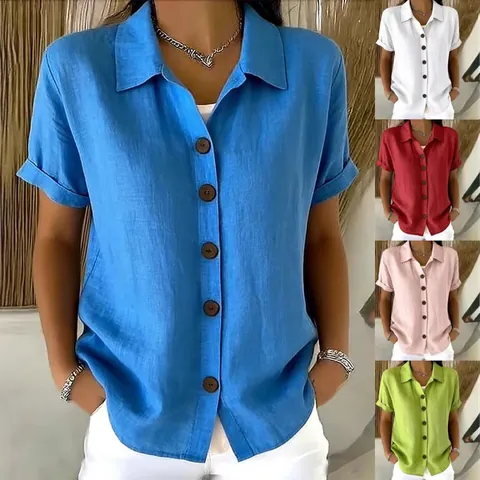 Damen Kurzarm Baumwollleinen Lässiges Hemd Button Down Bluse Top Reguläre Passform Minimalistische Sommerbekleidung