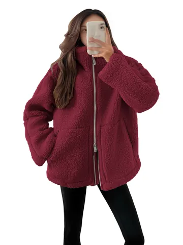 Women Sherpa Fleece Jacket High Neck Zip Up Oversized Warm Outerwear Solid Color Long Sleeve Teddy Coat With Pockets Casual Top
