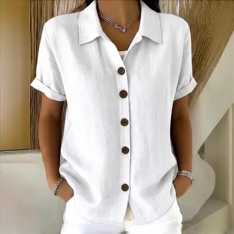 Damen Kurzarm Baumwollleinen Lässiges Hemd Button Down Bluse Top Reguläre Passform Minimalistische Sommerbekleidung