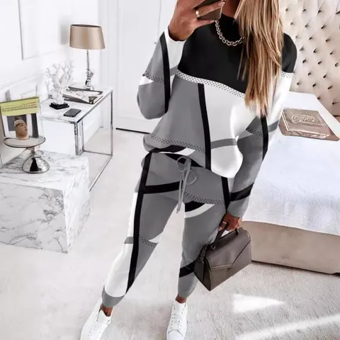 Women Long Sleeve Top And Bottom Polyester Geometric Color Block Casual Tracksuit Sweatshirt Joggers Pants Lounge Set