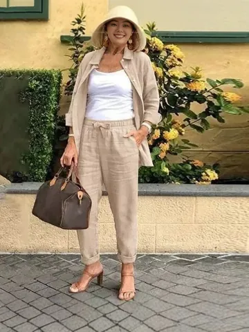Donna Top E Pantaloni In Cotone Poliestere Tinta Unita Casual Set Due Pezzi Camicia A Maniche Lunghe E Pantaloni Lunghi Con Coulisse