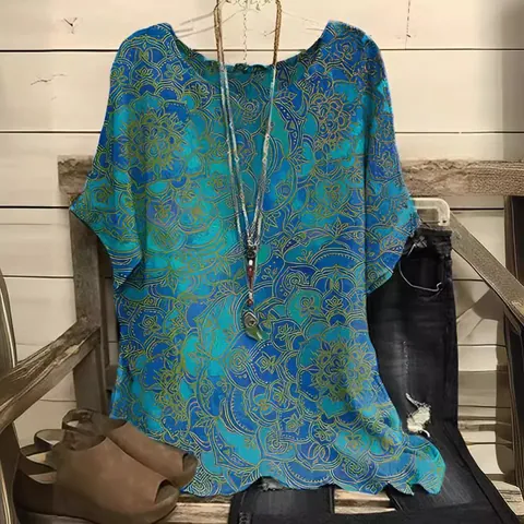 Women Bohemian Mandala Print Blouse Casual Loose Round Neck Short Sleeve Top Summer Polyester Ethnic Style Printed Shirt