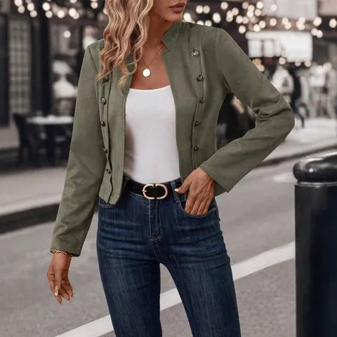 Damen Retro Wildlederoptik Jacke Zweireihig Dekorativ Schlanke Passform Langarm Oberbekleidung Stehkragen Einfarbig Polyester Mantel
