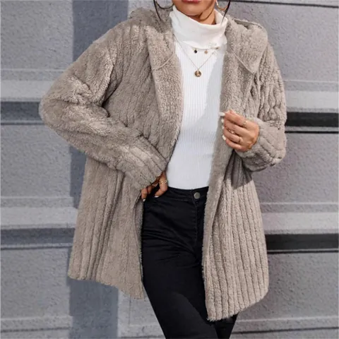Giacca da Donna in Misto Lana a Righe Verticali in Pile Polare Con Cappuccio Invernale Calda Larga Media Lunghezza Aperta