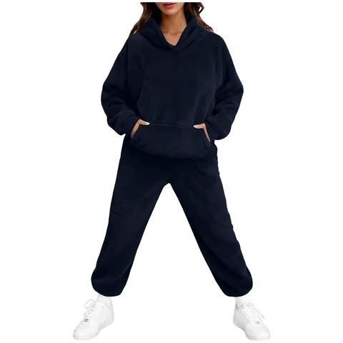 Women's Autumn Winter Fleece Hoodie And Pants Set Casual Long Sleeve Loose Plush Tracksuit Top And Bottom Streetwear Wear